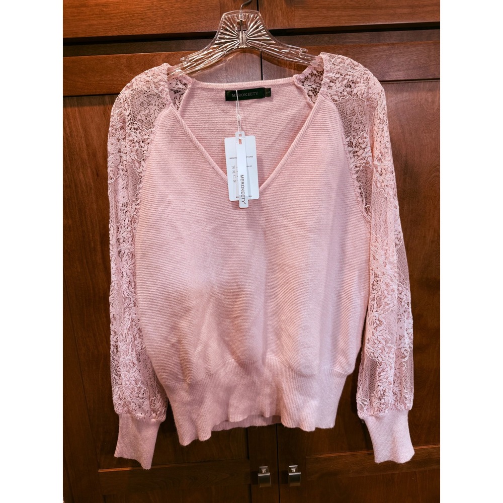 Merokeety Women Pink V-Neck Lace Long Sleeve Ribbed Knit Sweater NWT Size L